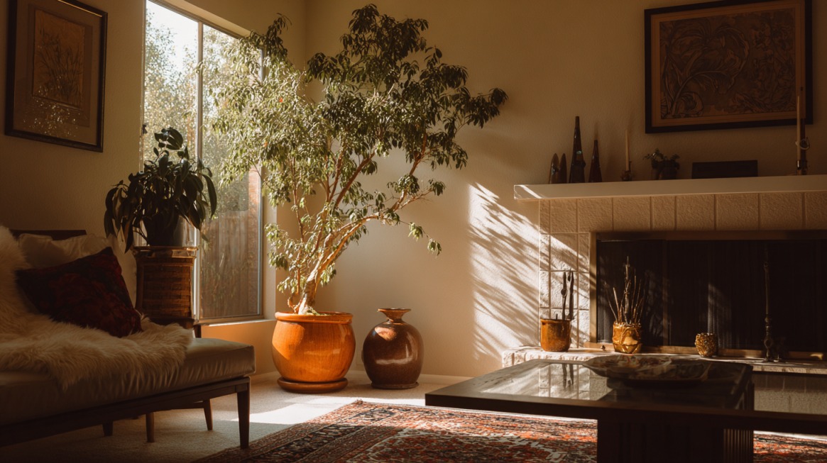 Dnevna soba sa velikim saksijskim biljkama, mekanim kaučem, tepihom i kaminom u toplim tonovima