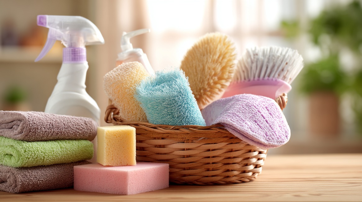 Raznobojni peškiri, sunđeri, četke i sredstva za čišćenje složeni u pletenoj korpi na stolu