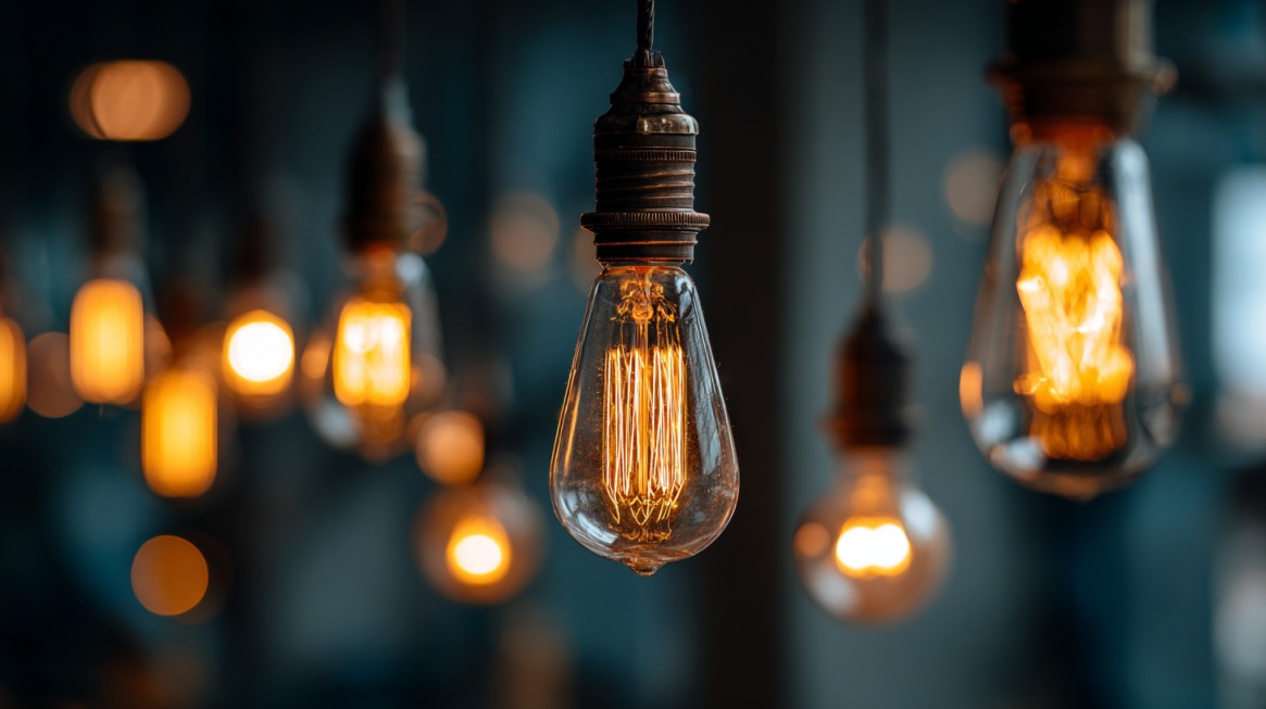 Nekoliko vintage Edison sijalica koje vise sa kablova i emituju toplo žućkasto svetlo u tamnoj prostoriji