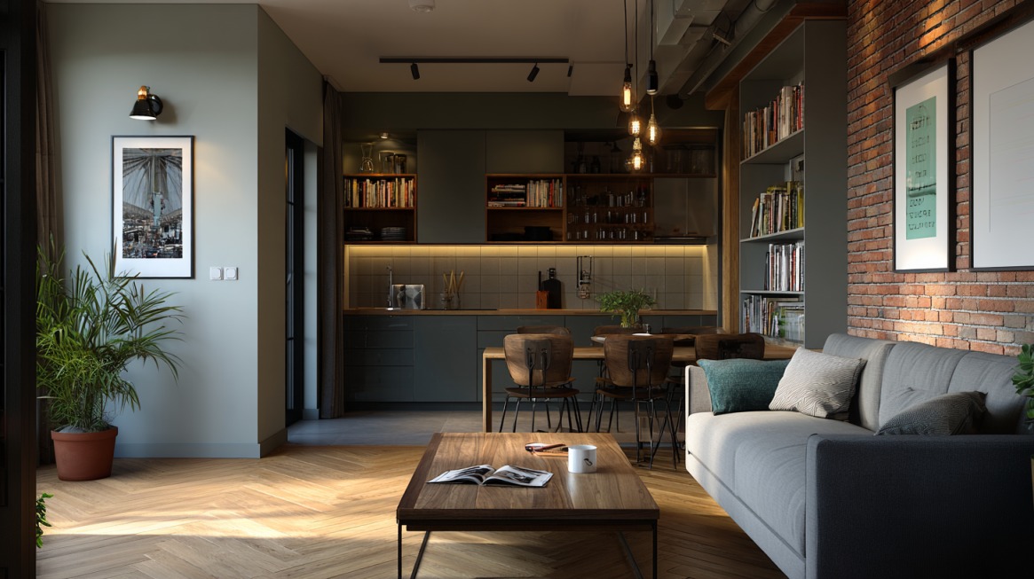 Dnevna soba sa sivom sofom, drvenim stolom, otvorenim policama, ciglenim zidom i pogledom ka modernoj kuhinji sa visećim svetlima