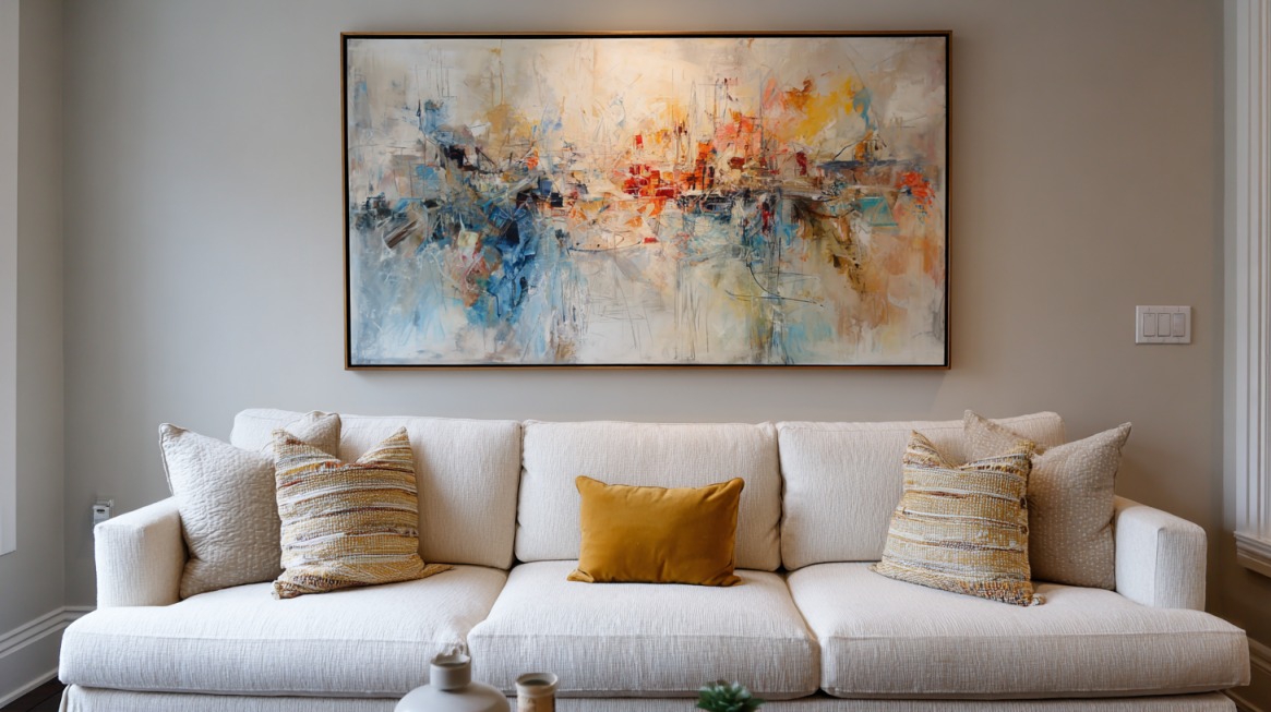 Svetla dnevna soba sa bež sofom i velikom apstraktnom slikom iznad nje u tonovima plave, žute, narandžaste i crvene