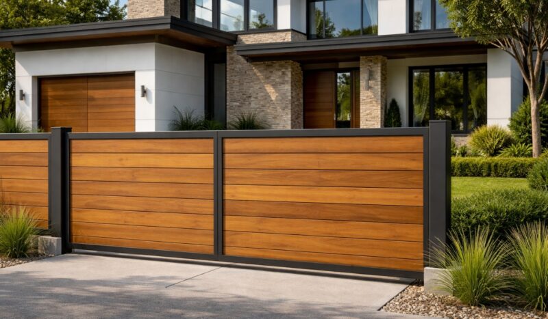 Drvena ograda sa horizontalnim drvenim letvama i metalnim ramom ispred moderne porodične kuće sa uređenim dvorištem