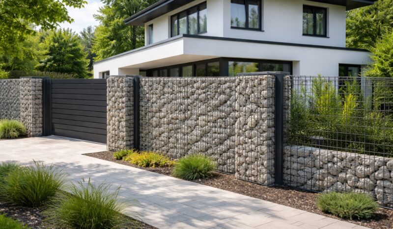 Gabionska ograda sa prirodnim kamenjem ispred moderne kuće u uređenom dvorištu