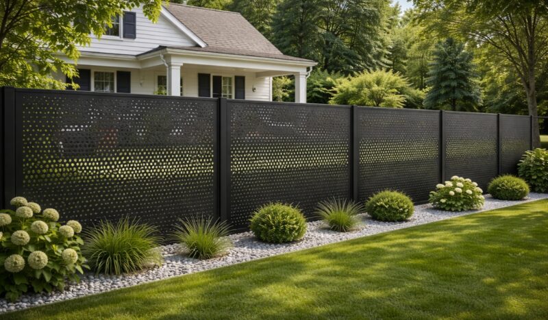 Metalna perforirana ograda u crnoj boji u prostranom dvorištu sa klasičnom kućom i zelenilom u pozadini