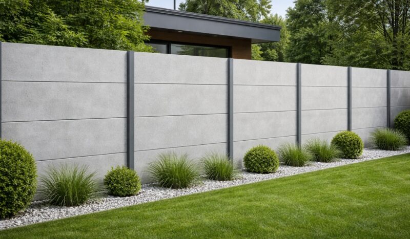 Betonska ograda od prefabrikovanih panela u sivim tonovima ispred moderne kuće sa uređenim zelenilom