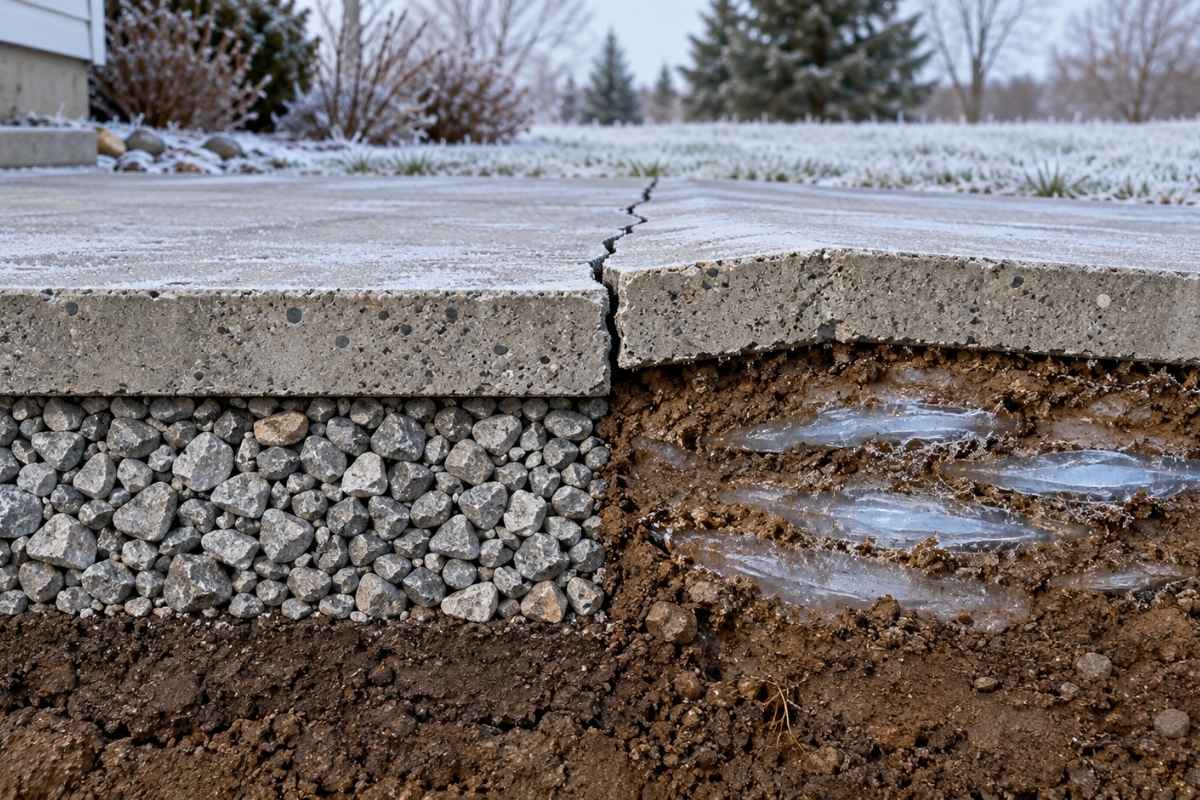 prikaz ilustracije ispucale betonske ploče i vlažne zemlje ispod